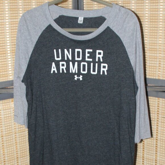 Under Armour Three Quarter Sleeve Charcoal and Heather Gray Baseball Tee - Picture 1 of 4